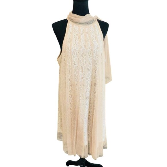 NWT RYU IVORY DRESS TAN TULLE NUDE LACE TIE NECK HALTER M Party Wedding Cocktail - Picture 2 of 14